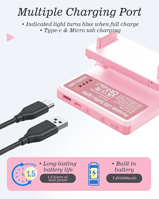 60 LED Portable Selfie Light Video Conference Lighting with Clip & Camera Tripod Adapter Rechargeable 2000mAh CRI 97+, 3 Light Modes for Phone iPhone Webcam Laptop Photo Makeup (Pastel Pink) - Image 4