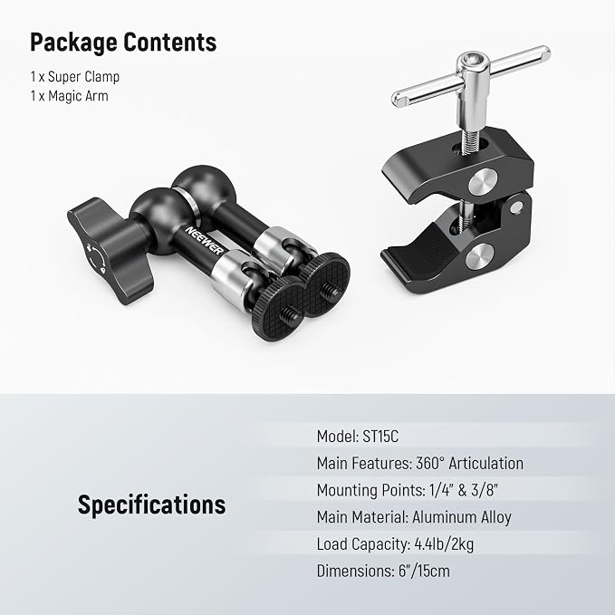 NEEWER 6"/15cm Adjustable Magic Arm with Super Clamp, 1/4" & 3/8" Threads, 1/4" Screws for Flash/LED Light/Microphone/Monitor, Compatible with SmallRig Camera Cage, Max Load: 4.4lb/2kg, ST15C - Image 7