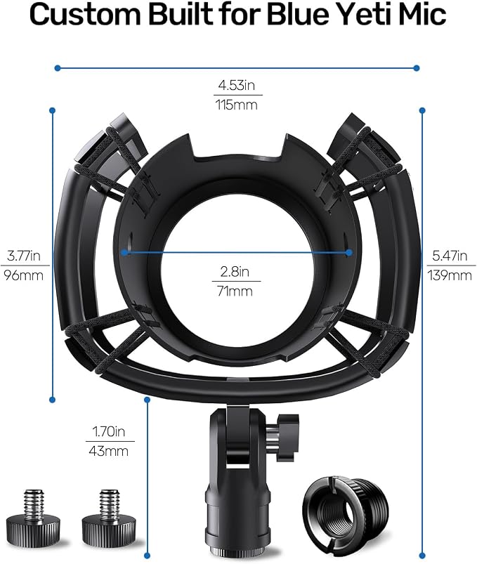 Custom Built Shock Mount with Pop Filter for Blue Yeti Microphones, Black | Metal Outer Ring, Anti-Vibration Suspension for Noise Reduction, Mount Compatible, Professional Studio Use - Image 8