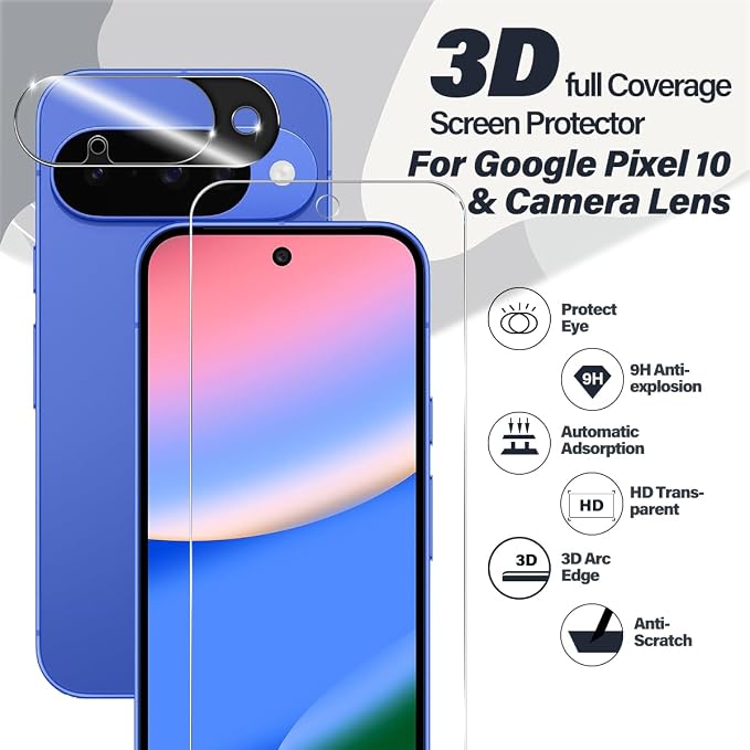 BIGFACE for Pixel 10 Tempered Glass Screen Protector + Camera Lens Protector [ 2 + 2 Pack ][Fingerprint Unlock] [Anti-Scratch] [Case Friendly] Clear HD Protective Film for Google Pixel 10 5G - Image 2