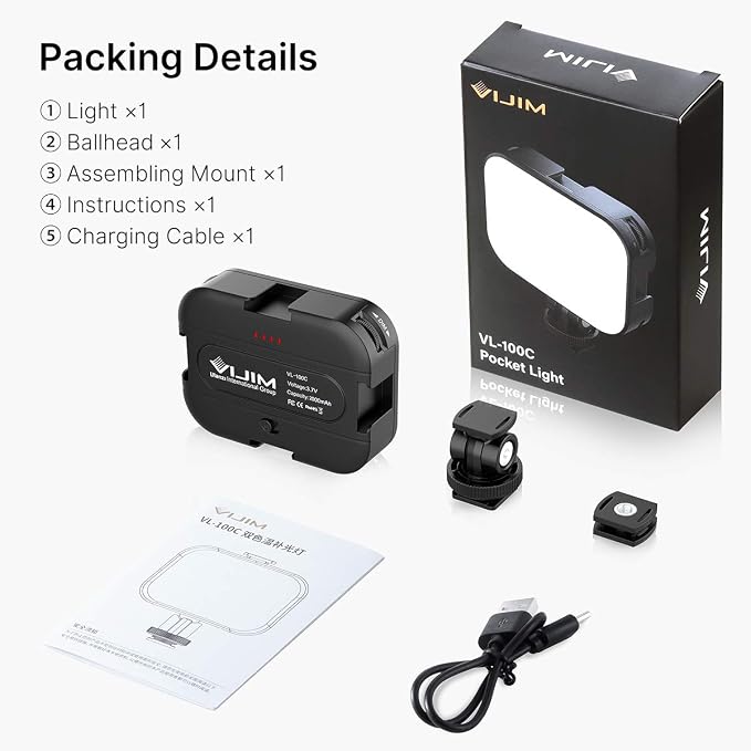 VIJIM VL100C Bi-Color LED Video Light on Camera Adjustable Angle Dimmable | 2500-6500K CRI95+, Rechargeable Type-c, Build-in 2000mAh , with 4 Cold Shoes, Mini Hot Shoe Swivel Mount for Tripod Mic Vlog - Image 9