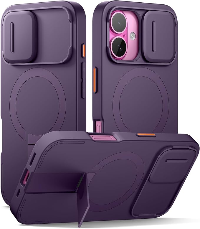 SURITCH for iPhone 16 Case with Magnetic Camera Slide Cover and Adjustable Kickstand, Compatible with MagSafe, Shockproof Bumper Case Slim Protective Cover 6.1 Inch, Dark Purple by SURITCH