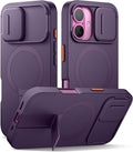 SURITCH for iPhone 16 Case with Magnetic Camera Slide Cover and Adjustable Kickstand, Compatible with MagSafe, Shockproof Bumper Case Slim Protective Cover 6.1 Inch, Dark Purple by SURITCH