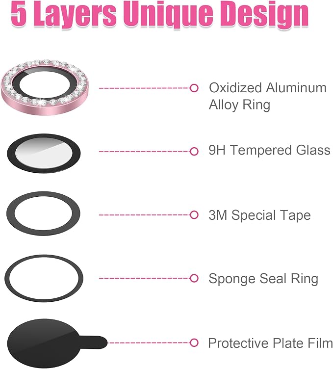 AGVEE 3+3 6 Pack for iPhone 12 & Mini & Pro Camera Lens Protector Cover | Individual Bling Diamond & Bling Glitter Sparkle Cute Gem Metal Ring, 9H Tempered HD Glass - Image 7