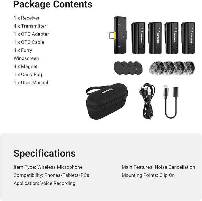 NEEWER KM23C AI Wireless Lavalier Microphone Compatible with iPhone Android Tablet PC Laptop, Omnidirectional 48K/24Bit 20-20KHZ AI Noise Cancellation Mute 70m Range 32h Total Battery (1x RX + 4X TX) - Image 9