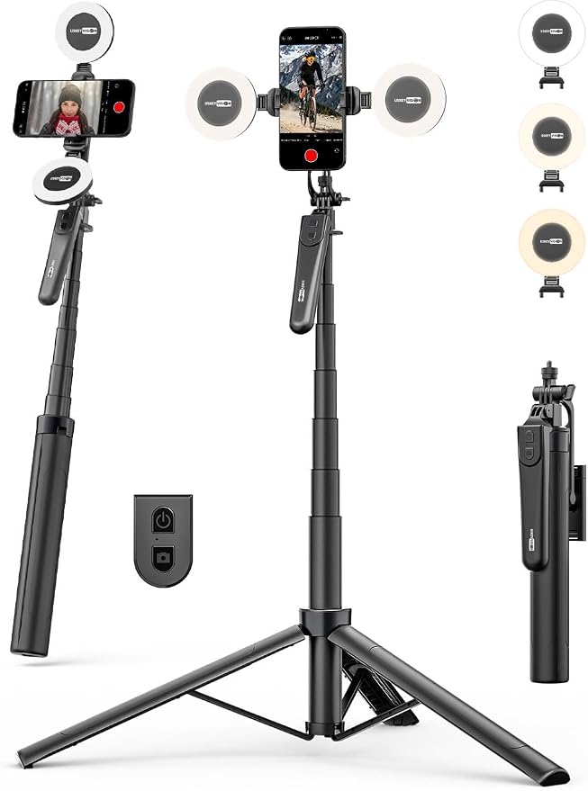 70" Extendable Phone Tripod Selfie Stick w/Light&Remote UT-02 | For iPhone & Android,360° Rotation,Selfie Stick W/ Remote Control,Fill Light,Video Recording,Photography,TikTok & Vlogging by USKEYVISION