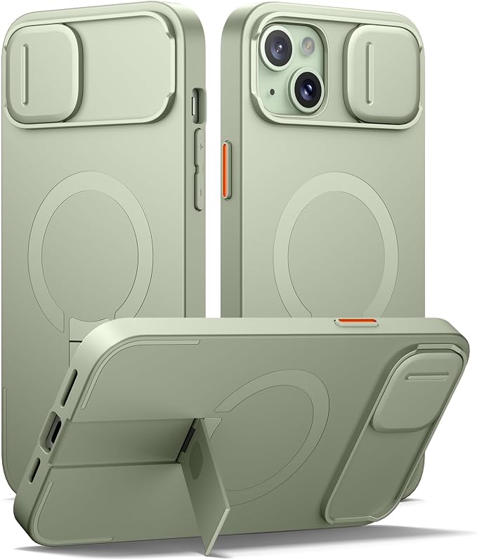 SURITCH for iPhone 14 Plus/15 Plus Case with Magnetic Camera Slide Cover and Adjustable Kickstand, Compatible with MagSafe, Shockproof Bumper Case Slim Protective Cover 6.7 Inch, Green by SURITCH