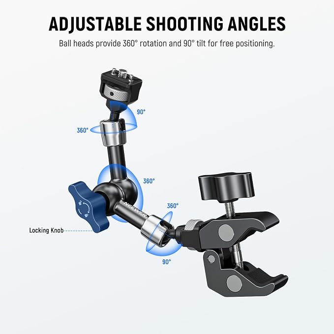 NEEWER 7" Articulating Magic Arm Clamp Mount with Super Clamp, Camera Monitor Mount with 1/4" 3/8" ARRI Locating Pins & Holes for DSLR Action Camera Video Light Compatible with SmallRig Cage, ST07C - Image 3