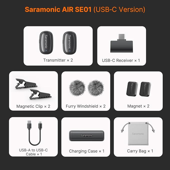 Saramonic Air SE Wireless Mini Microphone for iPhone 17/16/15 & Android, 48kHz/24-bit, AI Noise Cancellation, Clip on Content Creator Microphones for Interview YouTube TikTok Vlogging (2TX + USB-C RX) - Image 9