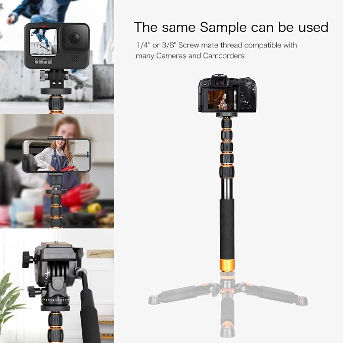 Koolehaoda 61" Camera Monopod Aluminum 6-Section Portable Travel Unipod | Folds to 15" at 0.95 lbs, 22 lbs Max Load, 28mm Tube, 1/4" & 3/8" Reversible Screw, Metal Spike & Rubber Foot - Image 4