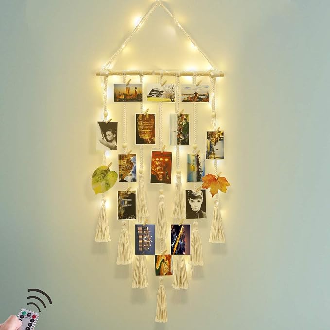Homecor Hanging Photo Display Wall Decor, Macrame Wall Hanging Boho Room Bedroom Decor, Picture Frame Collage Board with Light 30 Clip, Christmas Teenage Teen Girl Gifts Ages 10 11 12 13 14 Years Old by HOMECOR