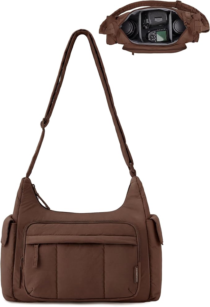BAGSMART 2 in 1 Puffy Camera Bag for Photographer Everyday Shoulder Bag | Camera Sling Bag with Pockets Crossbody Bag Digital Camera Case for DSLR/Mirrorless Coffee Brown by BAGSMART