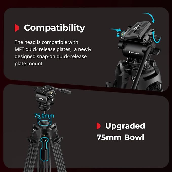 SmallRig FreeSpeed Heavy Duty Carbon Fiber Video Tripod, 73" Camera Tripod with Fluid Head for Manfrotto Plate, One-Knob Quick Extend, 75mm Bowl, Weigh 7.5lb, Load up 22lb for DSLR Camera, Camcorder - Image 7