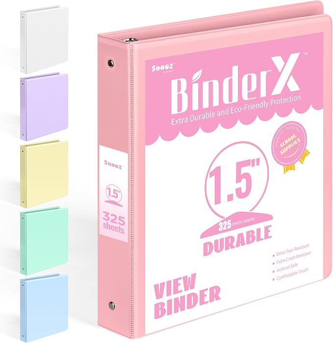 BinderX 3 Ring Binder 1.5 Inch, 1.5" Clear View Binder, Pink, Letter Size | Extra Durable, PVC-Free, Customizable, Interior Pockets, 325-Sheet Capacity, Eco-Friendly, Reinforced Hinge, School, Office by Sooez