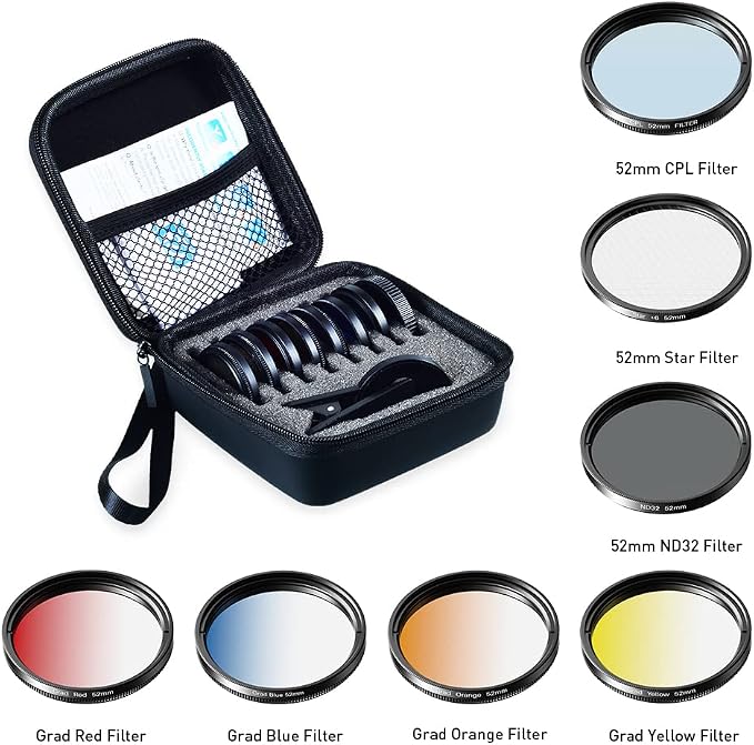 Apexel 52mm Filter Lens Kit (Graduated Filter Lens-Red Orange Yellow Blue, CPL, ND32, Star Lens-6 Point) for Smartphone Camera Canon Nikon Sony Olympus - Image 5