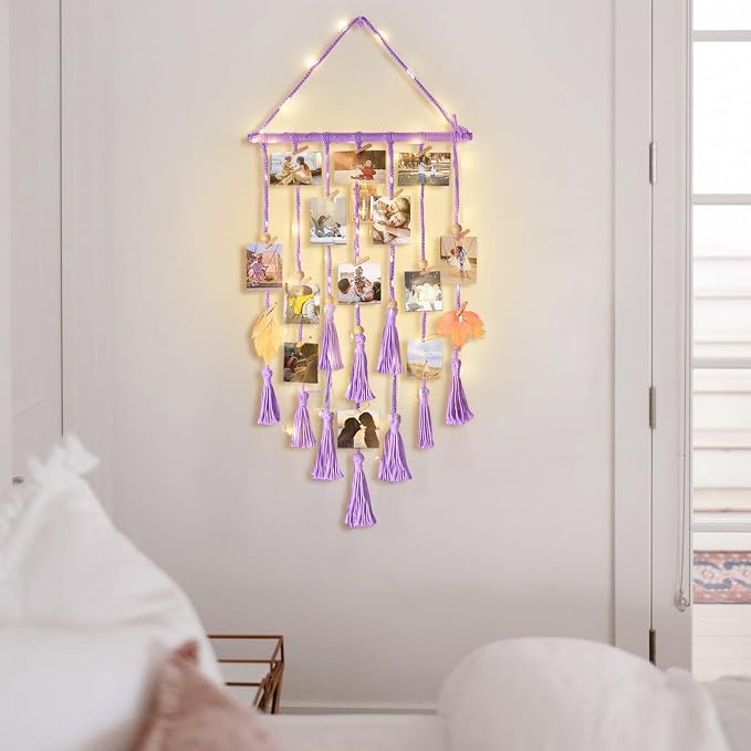 Homecor Hanging Photo Display Wall Decor, Purple Macrame Hanging Boho Room Bedroom Decor, Picture Frame Collage with Light 30 Clips, Christmas Teenage Teen Girl Gifts Ages 10 11 12 13 14 Years Old - Image 3