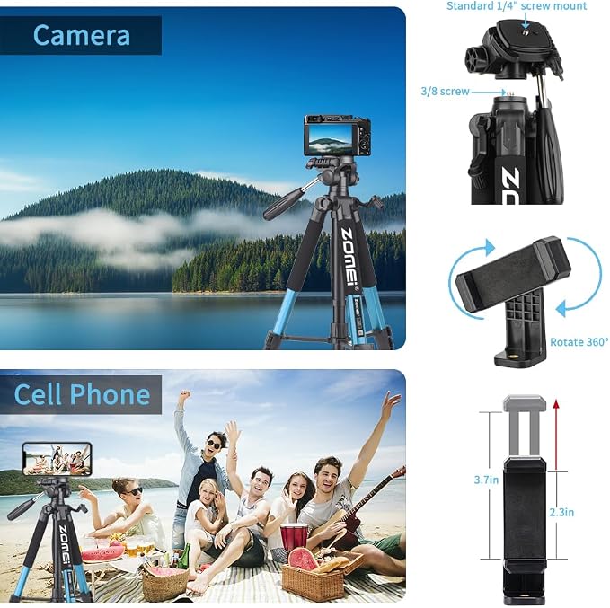 74 Inch Heavy Duty Tripod Stand for Cameras, Cell Phones, Projectors, Webcams, Spotting Scopes - Complete Unit for Canon, Nikon, Sony - Perfect for Phone & Camera Photography(Blue) - Image 4