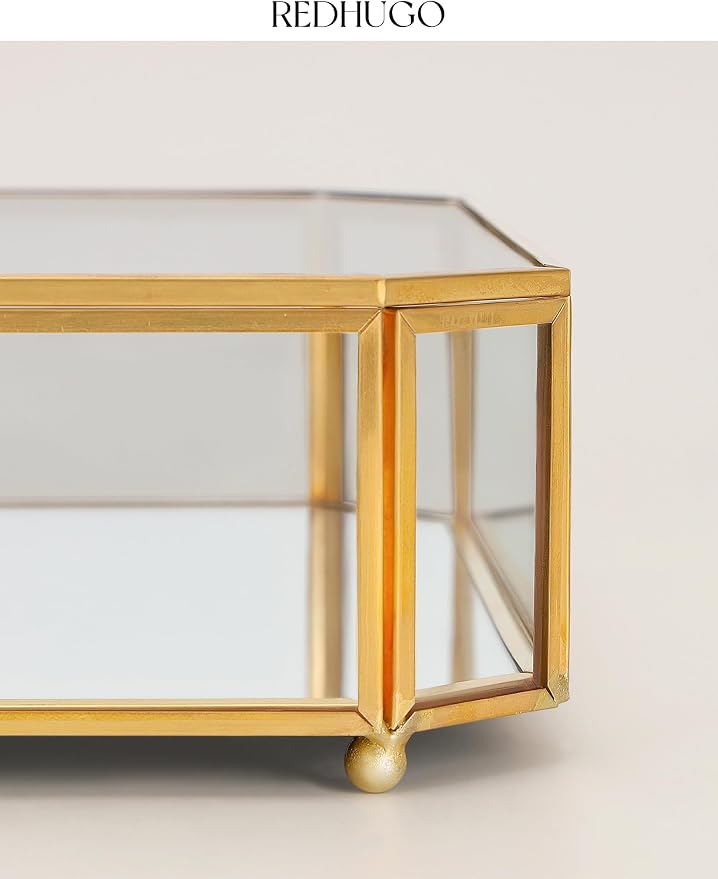 REDHUGO Large Glass Boxes for Display Handmade, Octagon, Gold | Handmade Glass Jewelry Box with Mirrored Bottom and Lid, Ideal for Trinkets, Photos, Keepsakes and Vanity Decor - Image 8
