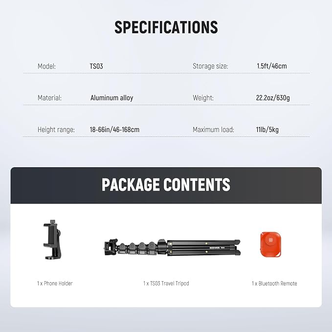 NEEWER Basic Phone Tripod for iPhone & Camera w/Remote & Phone Holder, 66" Metal Selfie Stick Travel Vlog Cell Phone Stand, Portable Camera Cellphone Holder Mount for Video Recording Filming, TS03 - Image 9