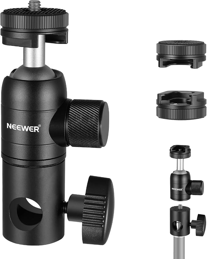 NEEWER Light Stand Mount Adapter w Cold Shoe & 1/4" Screw Mini Ball Head | Reversible Mounting Plate for Camera, Monitor, Ring Lights, Fits Flat Head, Boom Arm, C Stands, Max. Load 22lb/10kg by Neewer