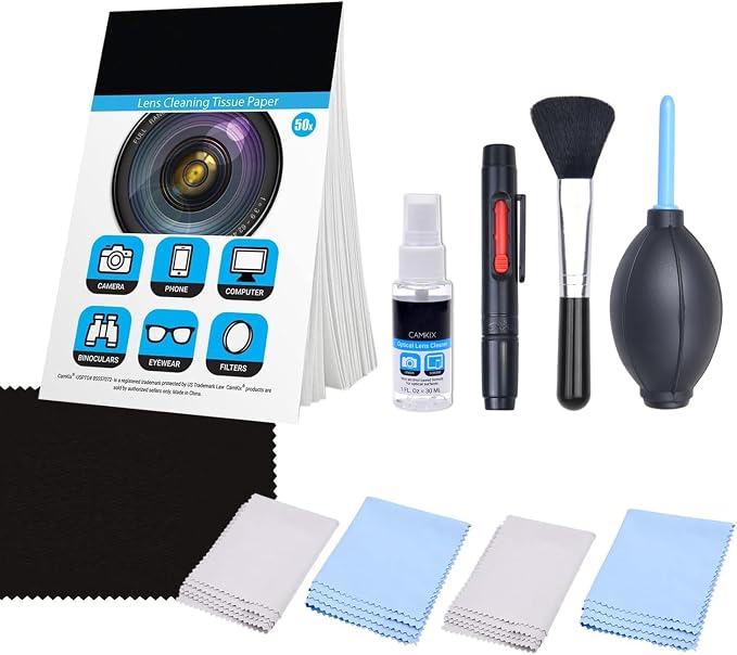 Camkix Camera Lens Cleaning Kit - Air Blower, 2in1 Lens Cleaning Pen, Cleaning Brush, Spray Bottle w/Cleaning Solution, Lens Cleaning Paper Tissue (50 Sheets), Microfiber Cleaning Cloths- for Lenses by CamKix