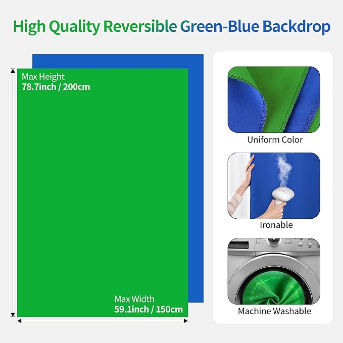 Hemmotop Blue Green Screen Backdrop Stand Kit 7x5ft with 6.5x5ft Background | Chromakey Reversible Dual-Color Backdrop, for Streaming, Gaming, Zoom, VR, Video Recording, with 5 Clips and Carrying Case - Image 4