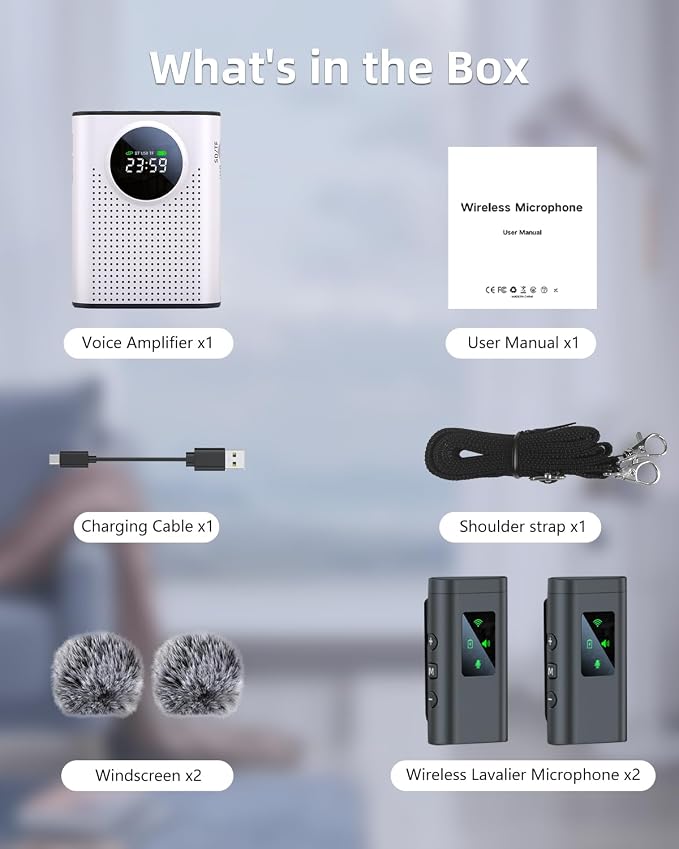 S67 Rechargeable Voice Amplifier Wireless Microphone Dual for Teachers Classroom, Mini Lavalier Lapel Mic Clip Magnetic, Bluetooth Speaker with LED Display for Class, Tour Guide, Coaches, White - Image 7