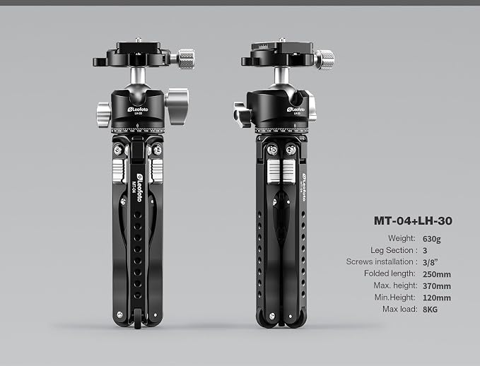 Leofoto MT-04 Tabletop Tripod, Aluminum Mini Tripod, 3 Leg Sections, Foldable Leg, Portable and Compact, 1/4" Accessories Thread, 3/8" Mounting Stud (MT-04+LH-30) - Image 2