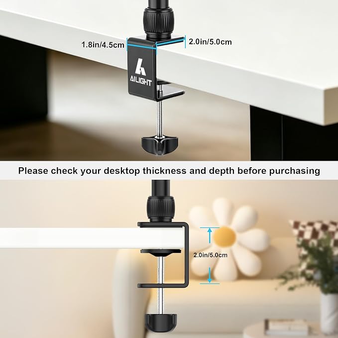 Ailight Overhead Camera Mount Desk Stand, 15.75"-33.45" Webcam Mount with 2-Section Adjustable Telescopic Boom Arm, C Clamp/Swiveling Ball Head for DSLR Camera, Ring Light, Webcam - Image 5