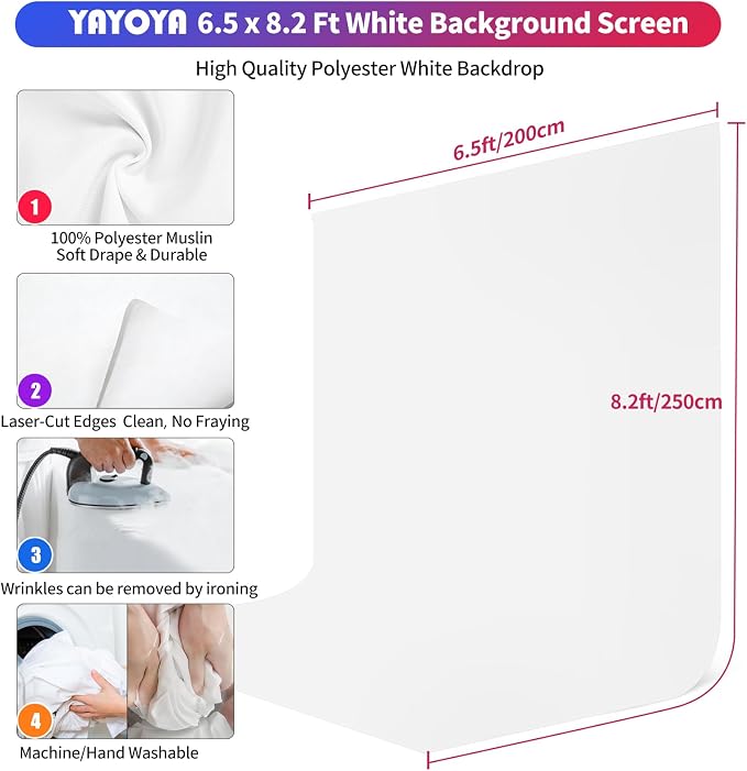 White Backdrop with Stand, 6.5x8.2FT Background with 7.5x7.9FT Stand | Wider backdrop with stand kit, adjustable, portable, carry bag & 5 clamps, white photo backdrop for photography video studio - Image 4