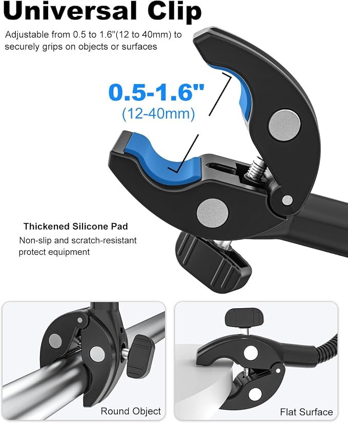 Gooseneck Clamp Camera Mount, Flexible Gopro Clamp Mount Kit | with 1/4“ 3/8" 5/8" Screw, for Handlebar, Desk, Tube, Cross Bar, for GoPro Hero 13, Insta 360, Action Camera, Logitech Webcam - Image 7