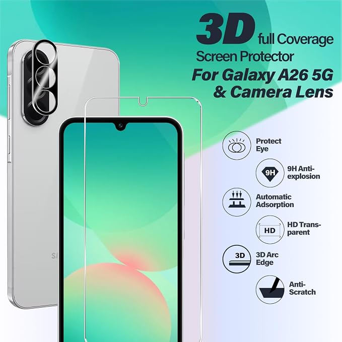 BIGFACE Galaxy A26 Tempered Glass Screen Protector + Camera Lens Protector [2 + 2 Pack][Case Friendly][Anti-Scratch][Ultrasonic Fingerprint Unlock] HD Protective Film for Samsung Galaxy A26 - Image 2