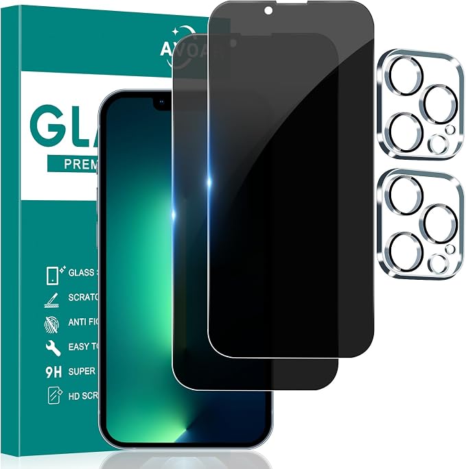 2+2 Pack Privacy Screen Protector for iPhone 13 Pro Max, 6.7 Inch | With Camera Lens Protector, Tempered Full Screen Glass, Anti-Spy, Bubble Free, Case Friendly by AVOAR