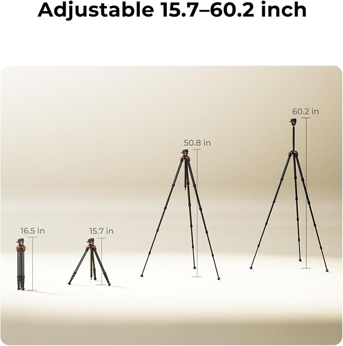 K&F CONCEPT 60" Carbon Fiber Travel Tripod for Camera | 2.0lb Ultra-Light, Flexible Center Axis, 360° Pan/Tilt Ball, Arca QR Plate, Max Load 13.2lb, A225C2+BH-28R - Image 6