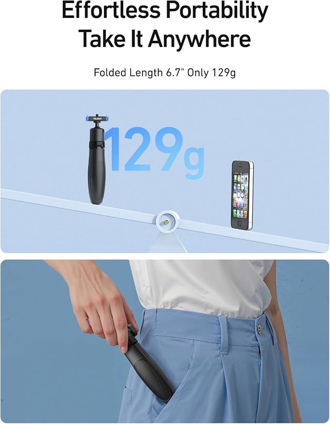 TELESIN 40cm/15.7in Mini Selfie Stick Tripod for Gopro 13 / Mission 1 Pro | Magnetic Quick Release, Anti-Slip Handle Grip, 360° Ball Head, Vlog Extended Pole for Go Pro Hero 13 Black Camera Accessories - Image 7