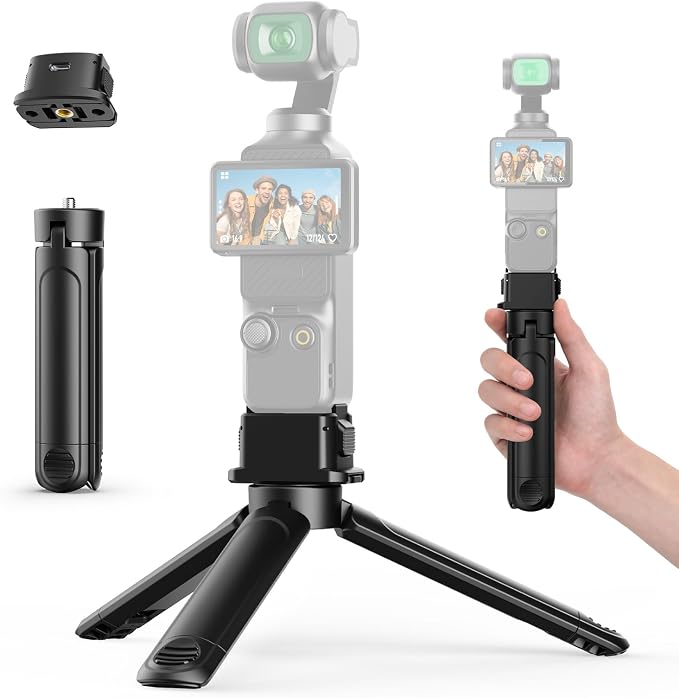 Mini Tripod Handle Kit for DJI Osmo Pocket 3/4/4P/Xtra Muse | Quick Release, Charge While Shoot, 2-in-1 Tripod/Handle, Action Camera Adapter, 1/4" Thread, Extendable, Portable by VRIG
