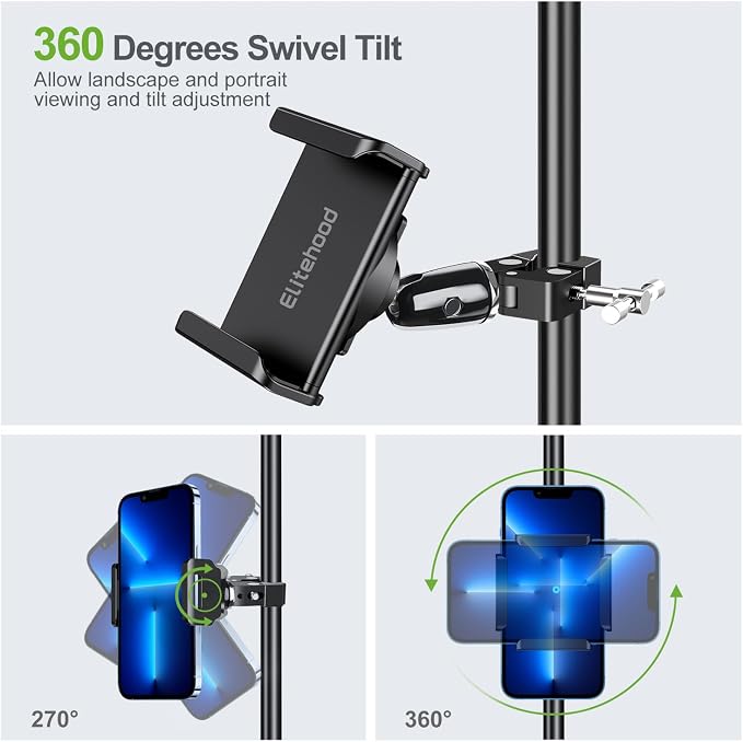 elitehood Swivel Tilt Phone Holder for Mic Stand Mount & Microphone Stand | Aluminum iPhone Mic Stand Holder, 360° Adjustable Phone Clamp Mount for Music Boom Microphone Stand, Fit All Cell Phone - Image 4