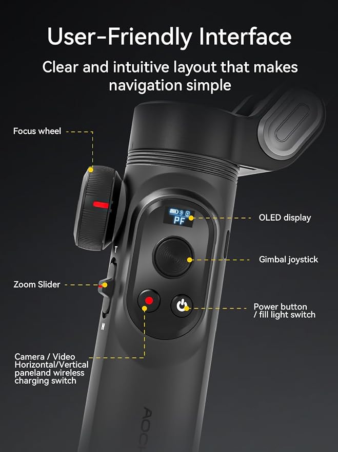 AOCHUAN Gimbal Stabilizer for iPhone with AI Vision Sensor for Face Tracking, 3-Axis Phone Gimbal w/OLED Display for Vlog Recording, Compatible with iPhone/Android-Smart XPro AI Black - Image 6