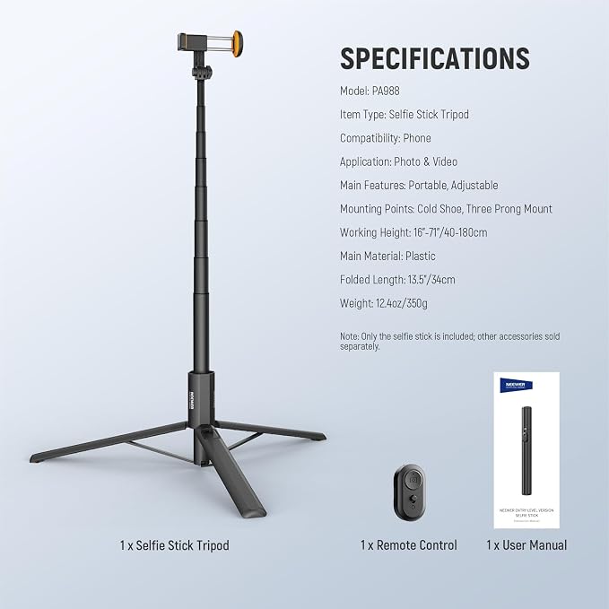 NEEWER Entry Level Version 16-71" Selfie Stick Tripod Compatible with iPhone Android, Portable Cell Phone Travel Stand Camera Holder with Remote for TikTok Video Recording Streaming Filming, PA988 - Image 8