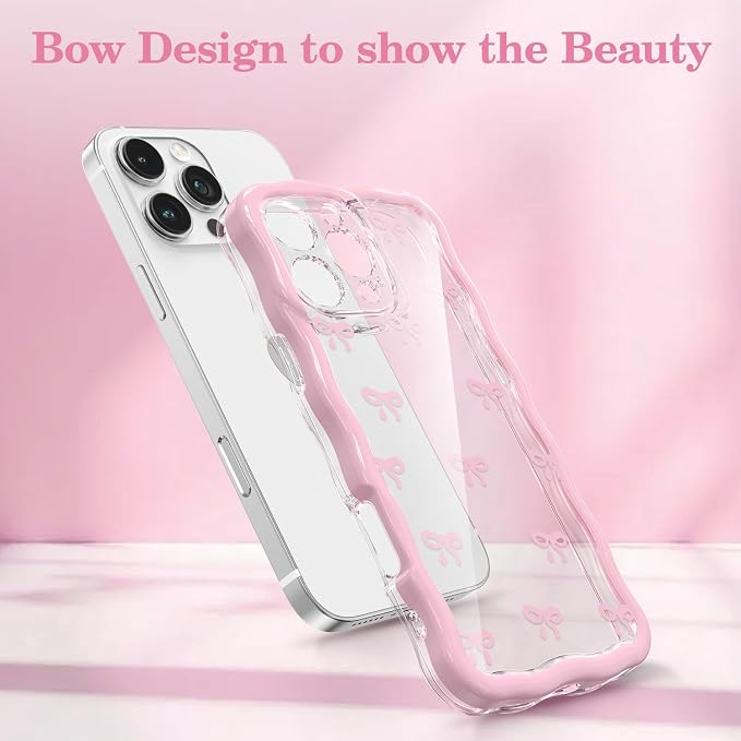 QLTYPRI for iPhone 14 Pro Max Pink Bow Case, Clear Cute Pink Ribbon Bow Phone Case Curly Wavy Aesthetic Phone Cover, Soft Slim Transparent TPU Shockproof Protective Cover for Women Girls - Tiny Bow - Image 2