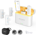 NEEWER Wireless Lavalier Microphone System for iPhone, Mini Clip on Lapel Mic Set with 2 USB C Transmitters/4 Receivers/OTG Adapter Compatible with iPhone Android Phone Computer Tablet, White, KM20 by Neewer