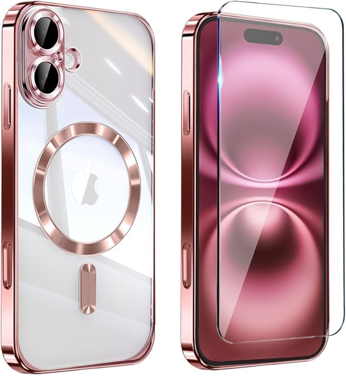 Magnetic Glossy Case for iPhone 17,iPhone17 Phone Case Slim Clear Luxury with Screen Protector & Camera Protector [Compatible with MagSafe], Shockproof Cover for iPhone Case 17-Rose Gold by Unknown