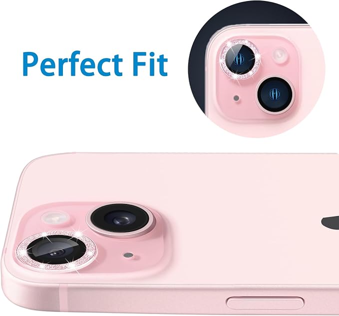 Compatible with iPhone 15 & 15 Plus Camera Lens Protector, Bling Glitter 9H Tempered Glass Camera Cover Anti Scratch Shockproof Screen Protector Individual Metal Lens Ring - 2PCS Glitter Pink - Image 6