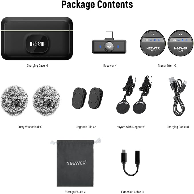 NEEWER Wireless Lavalier Microphone System Compatible with iPhone Android Phone PC Laptop Computer, Noise Cancelling Mini Lapel Mic Set with USB C OTG Charging Case 24H Battery 200m Long Range, KM18 - Image 9