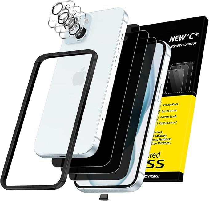 NEW'C 3x Privacy for iPhone 15 Screen Protector (6.1 inches)+ 3x Camera Lens Protector, Sensor Protection, Case Friendly Tempered Glass Film + Dust Plug - Easy installation tool included | Sensor Protection by NEWC
