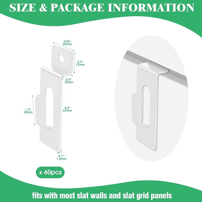 60Pcs Slatwall Utility Notch Hook Metal Slat Wall Display Hangers Picture Hook Slatwall Accessories for Photo Frame Painting Artworks Panel Pegboard Slat Grid Shelf Hanging Display (White) - Image 2