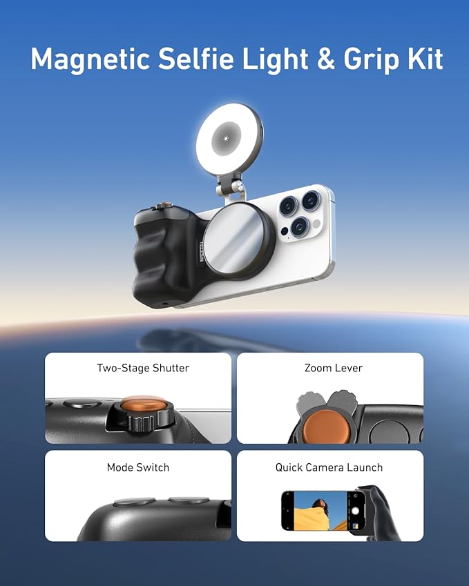 TELESIN Fun Shot Magnetic Phone Camera Grip with Magnetic Selfie Light Kit | Phone Selfie Grip Creator Kit for iPhone Magsafe & Android Native Camera Selfies/Photography/TikTok/Zoom Calls/Video (Black) - Image 8