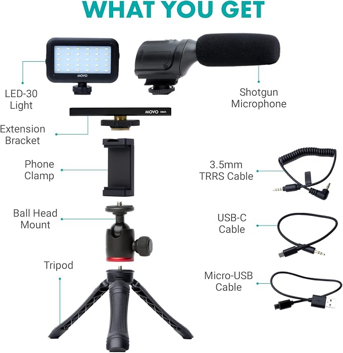 Movo uVlogger- Android/USB-C Compatible Vlogging Kit Smartphone Video Kit Accessories: Tripod, Mount, LED Light and Cellphone Shotgun Microphone for Video Recording for YouTube, Vlog - Image 2