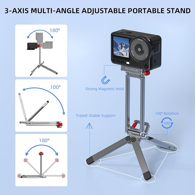 Action 6 Magnetic Quick Release Mini Tripod Stand, 180° Adjustable Aluminum Tripod Table Mount Desk Base for DJI Osmo Nano with 1/4" Screw Adapter, Arca & Foldable Hook Fits Travel Accessories - Image 5