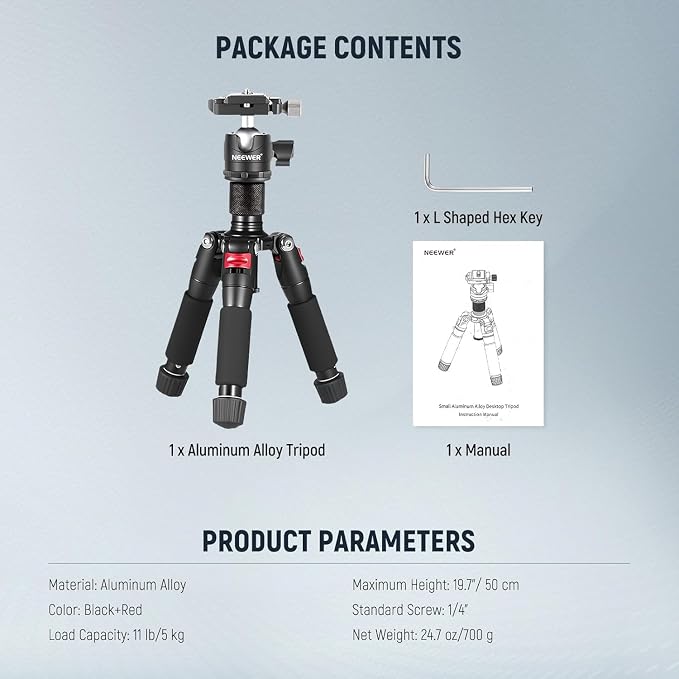 NEEWER Portable Travel Mini Tabletop Tripod, Aluminum Alloy 20''/ 50cm Desktop Desk Tripod with 360 Degree Ball Head, 1/4" Quick Shoe Plate for DSLR Camera Video Camcorder, Max Load 11 lb/5 kg - Image 10
